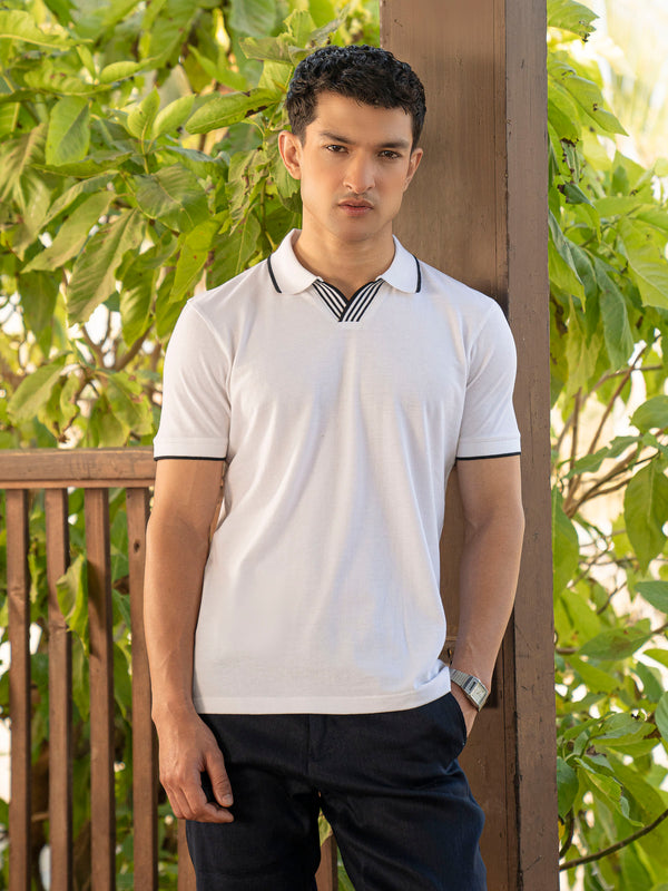 White V-Placket Polo With Tipped Collar