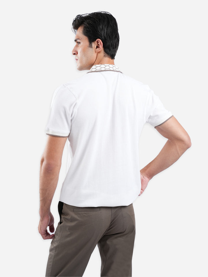 White Zipper Polo With Jacquard Collar