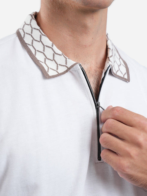 White Zipper Polo With Jacquard Collar