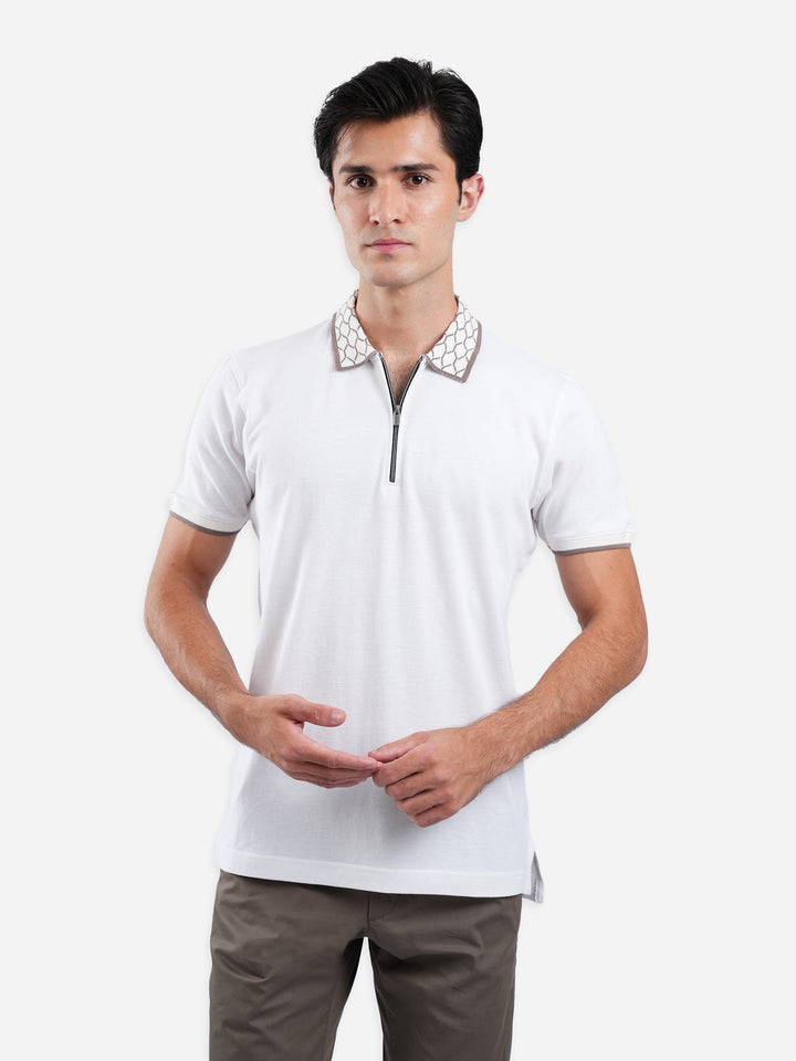 White Zipper Polo With Jacquard Collar