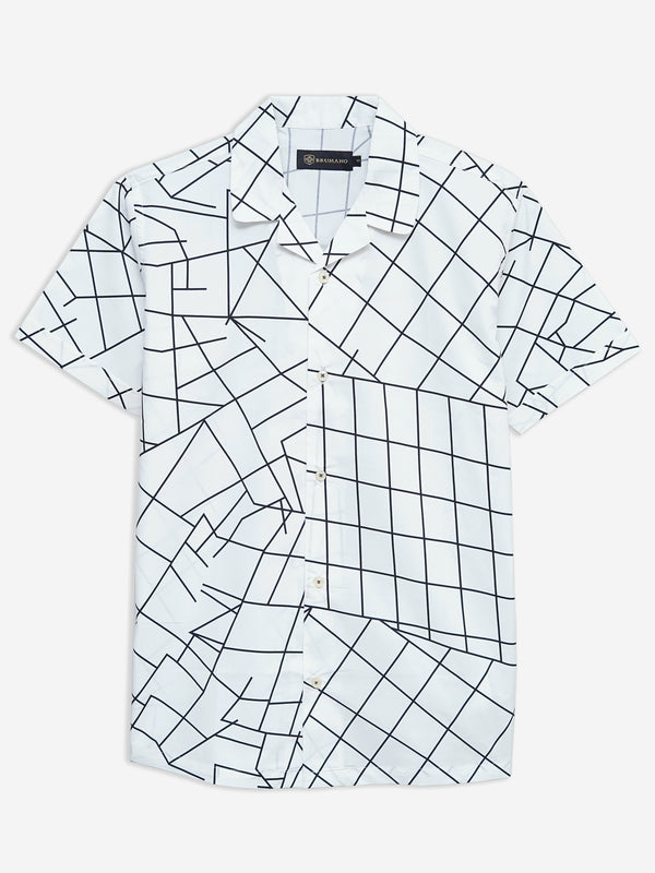 White & Black Printed Half Sleeve Cuban Collar Shirt