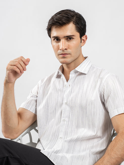 White & Black Striped Half Sleeve Formal Shirt
