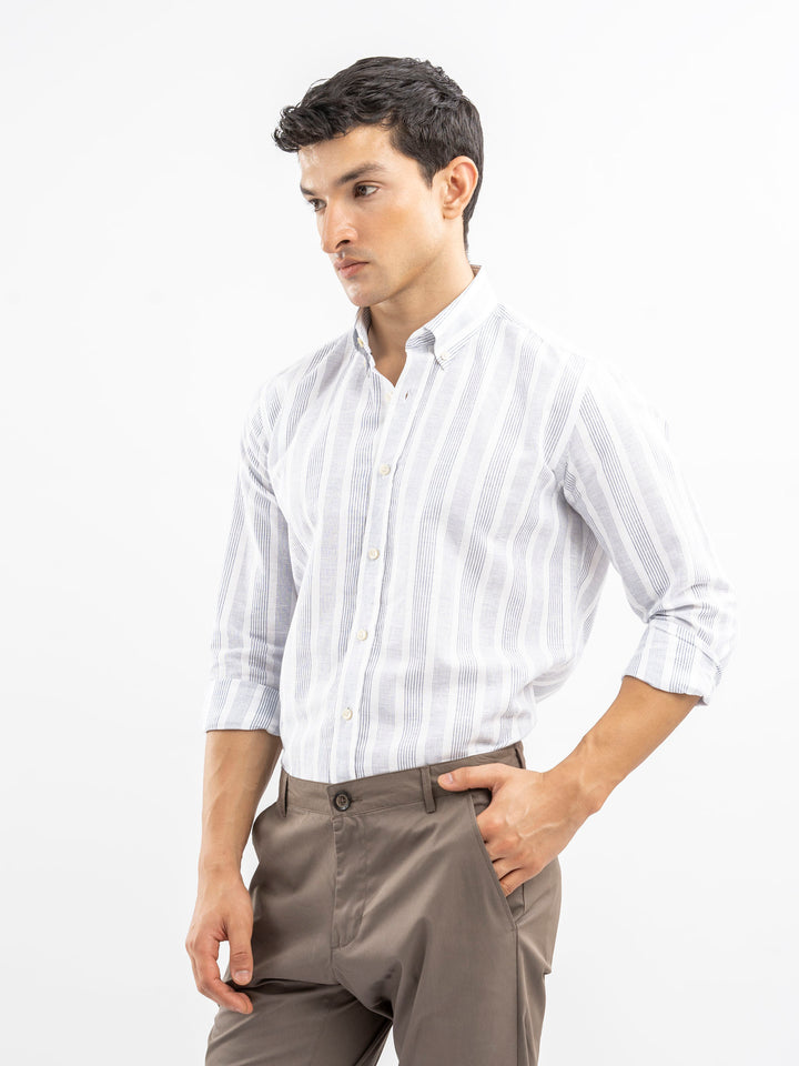 White & Blue Linen Striped Button Down Shirt
