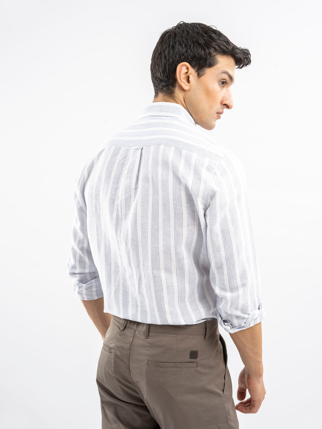 White & Blue Linen Striped Button Down Shirt