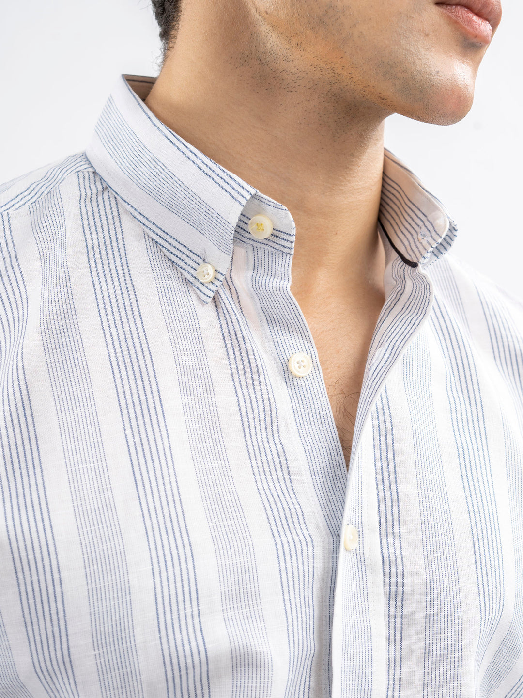 White & Blue Linen Striped Button Down Shirt