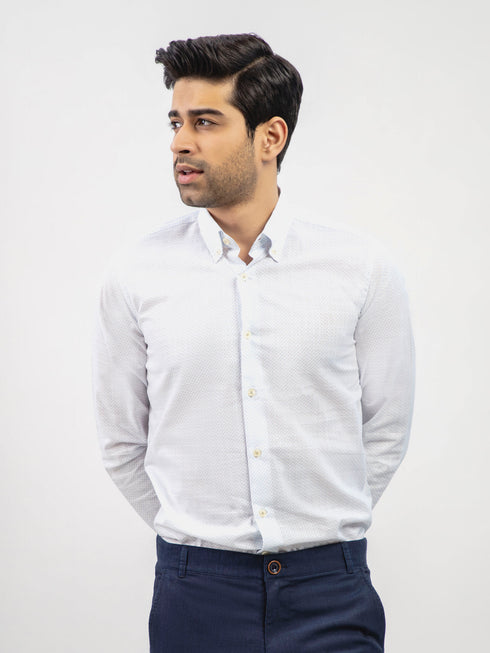 White & Blue Printed Button Down Shirt