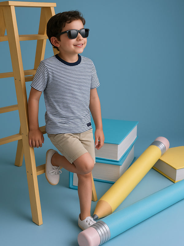 White & Blue Striped Casual Tee With Contrasting Crew Neck