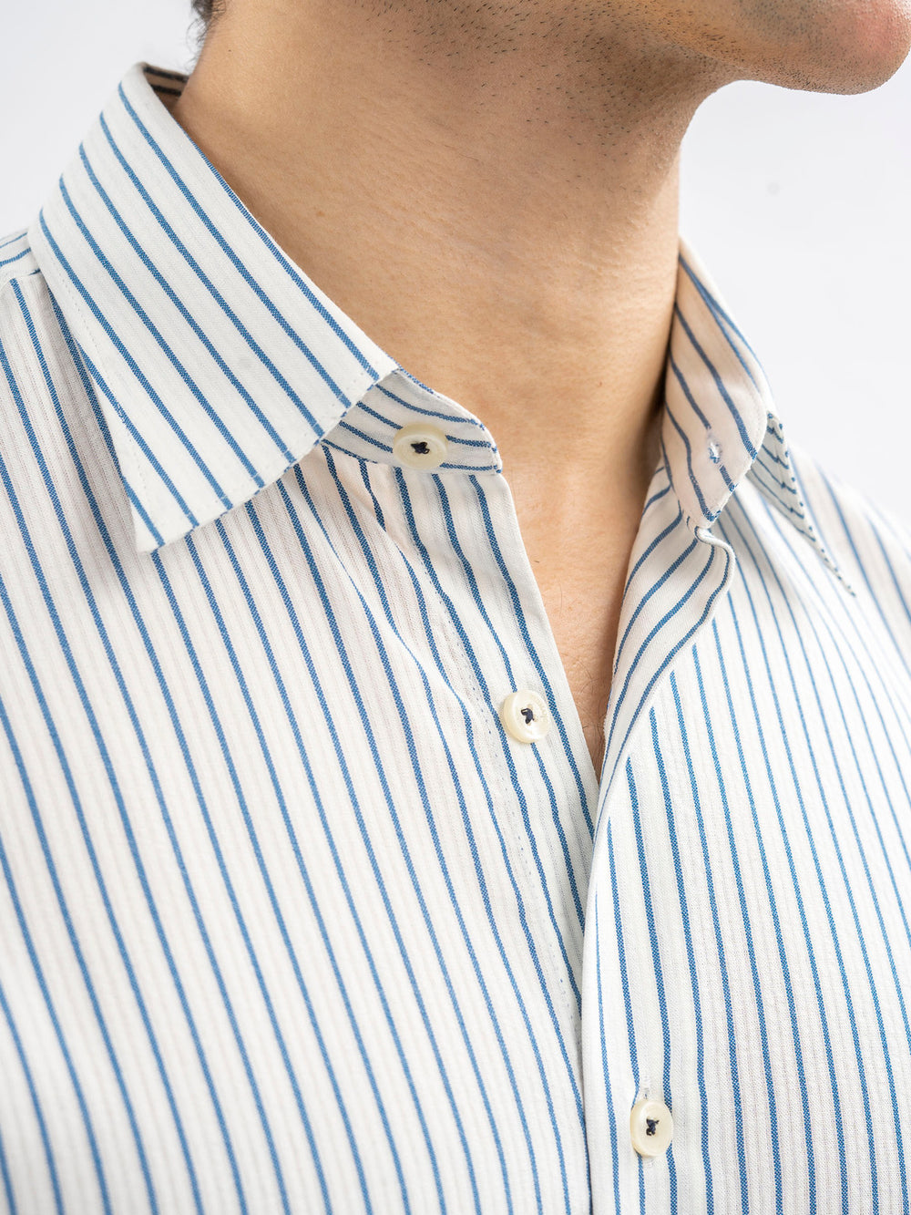 White & Blue Striped Seersucked Half Sleeve Shirt
