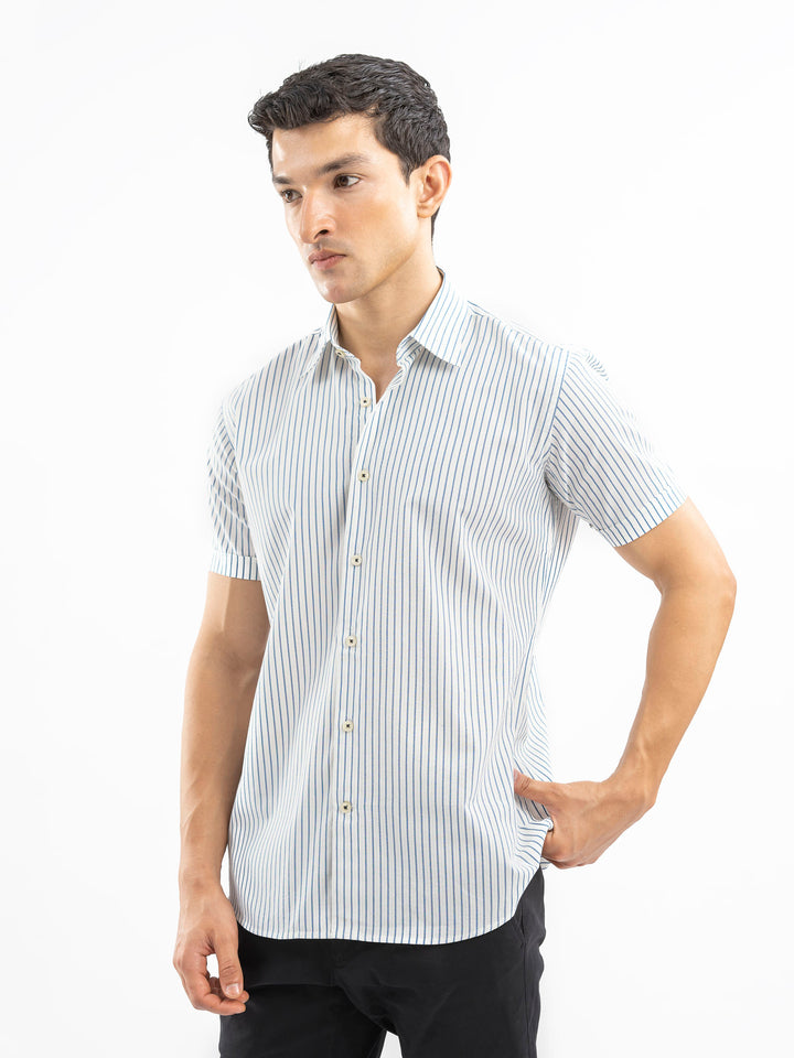 White & Blue Striped Seersucked Half Sleeve Shirt