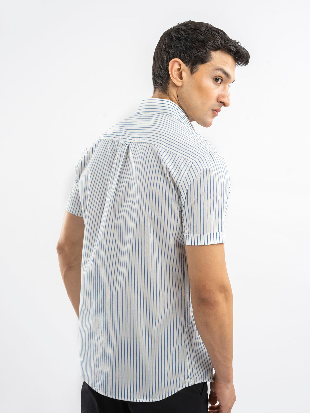 White & Blue Striped Seersucked Half Sleeve Shirt