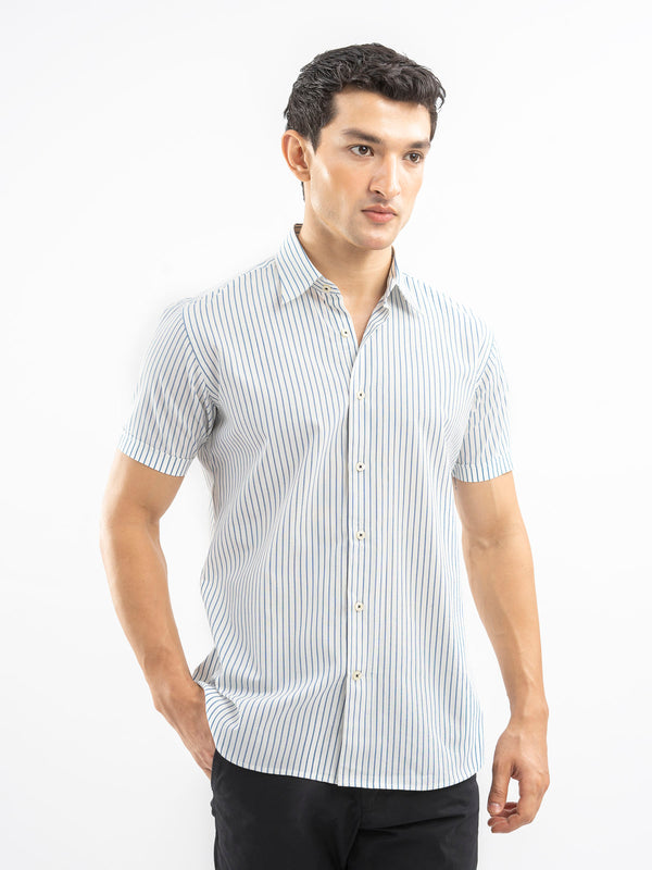 White & Blue Striped Seersucked Half Sleeve Shirt