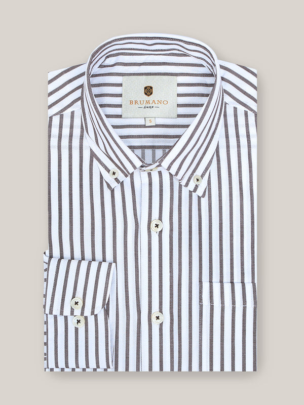 White & Brown Structured Striped Formal Shirt
