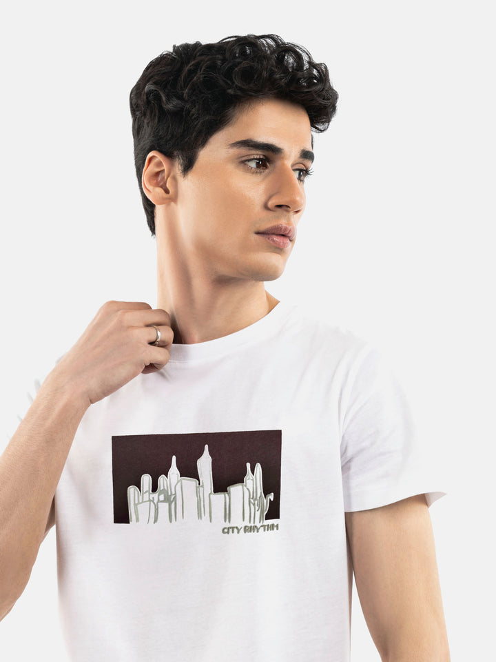 White 'City Rhythm' Graphic Printed T-Shirt Brumano Pakistan