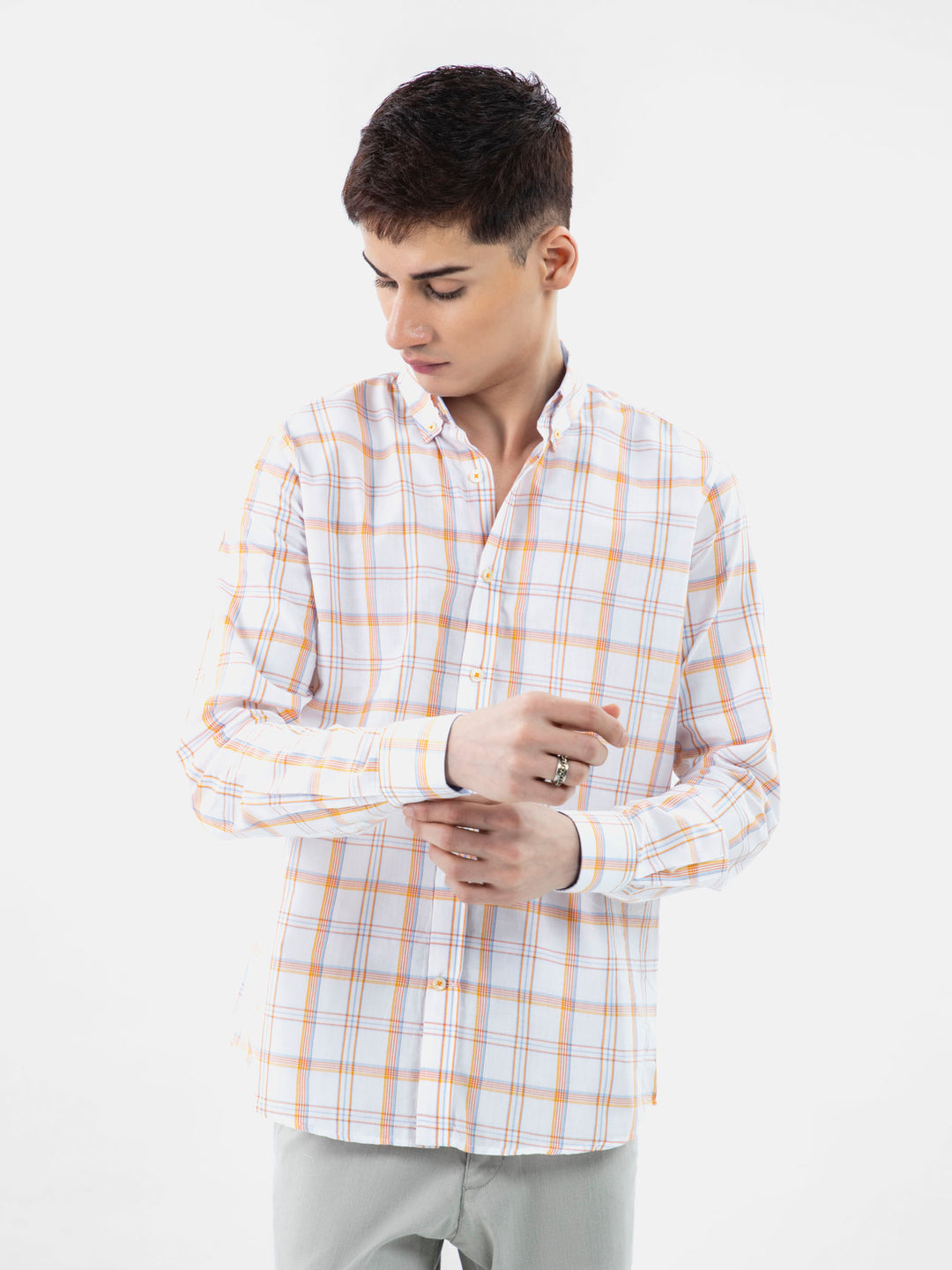 White & orange checkered button down shirt brumano pakistan