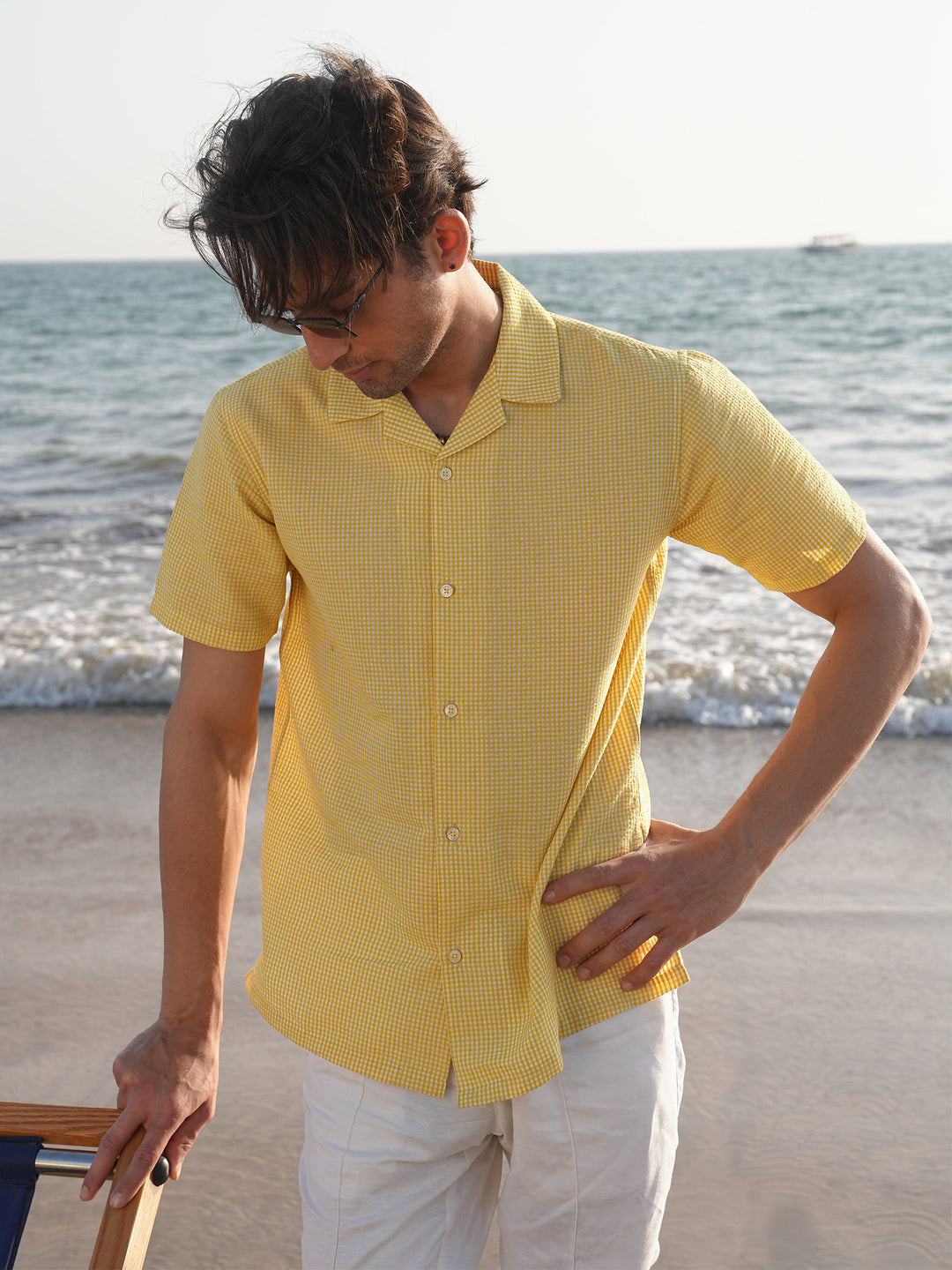 Yellow checkered seersucker cuban shirt brumano pakistan