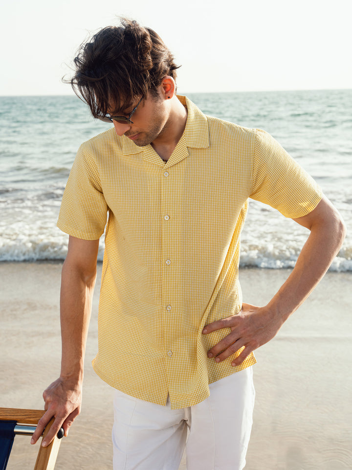 Yellow Checkered Seersucker Cuban Shirt
