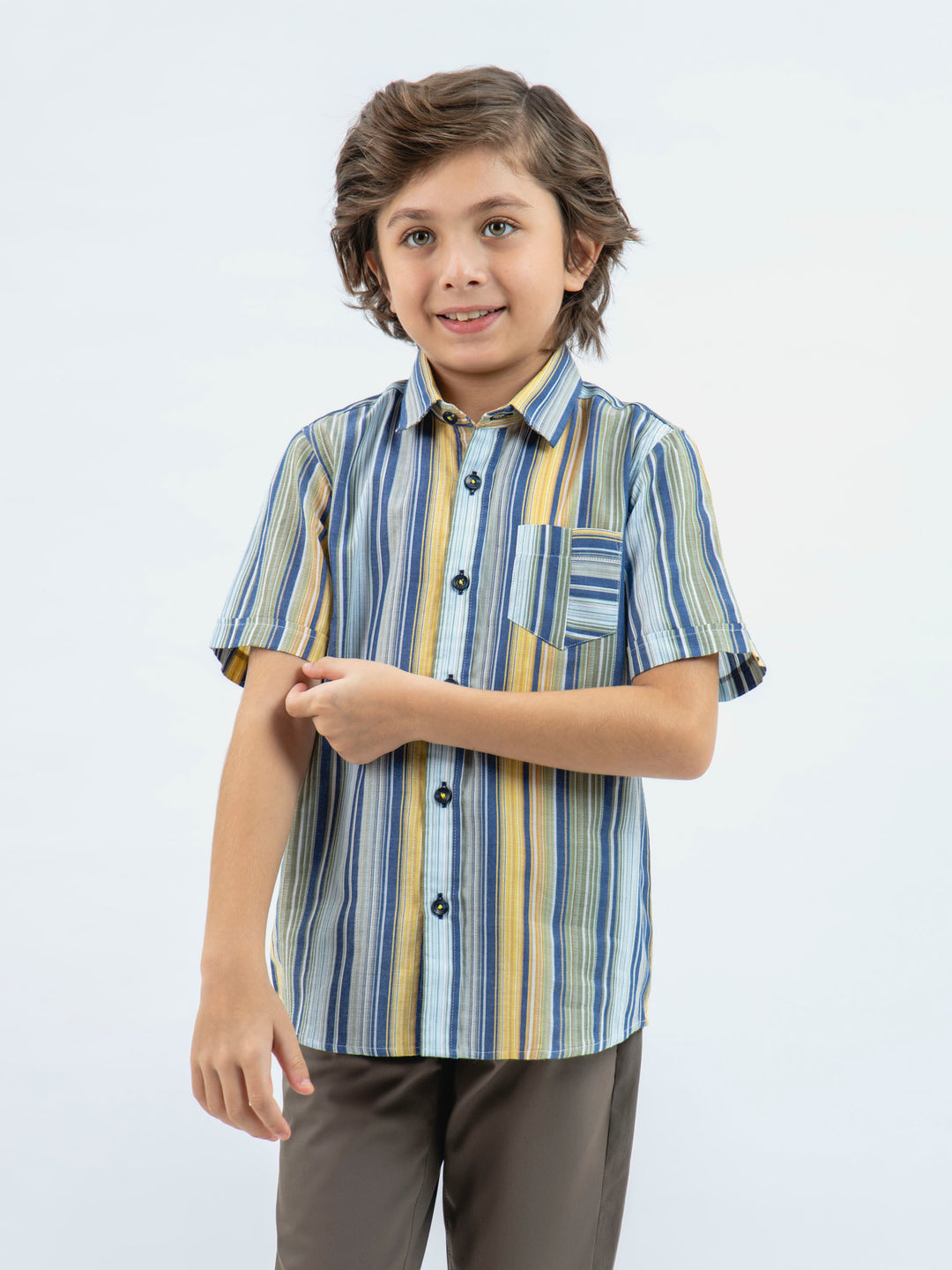 Yellow & blue striped half sleeve casual shirt brumano pakistan