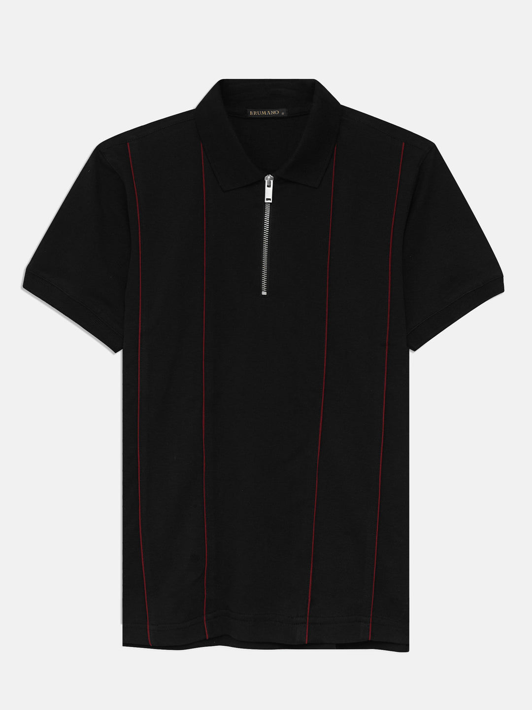 Men's black zipper polo with front stripes