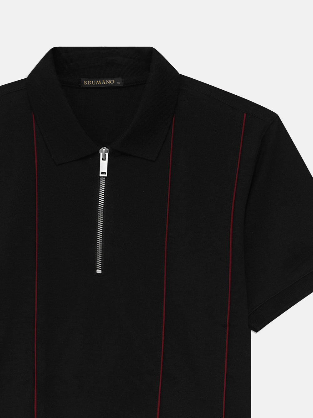 Close up of quarter zip closure on black cotton polo