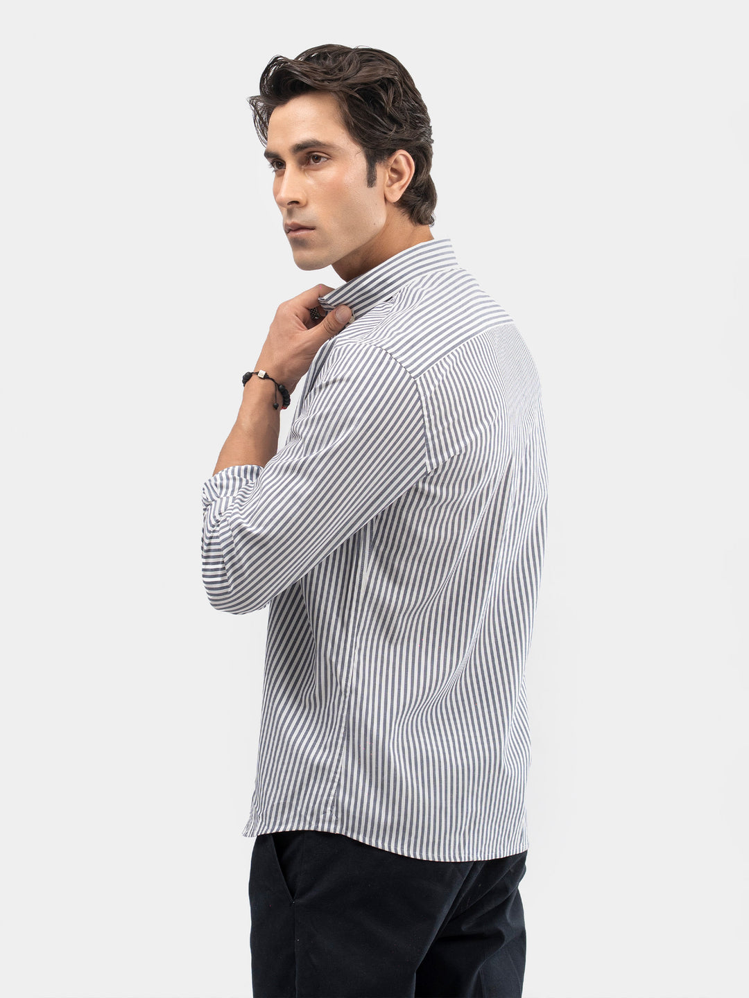 Back image of button-down collar on men's striped shirt