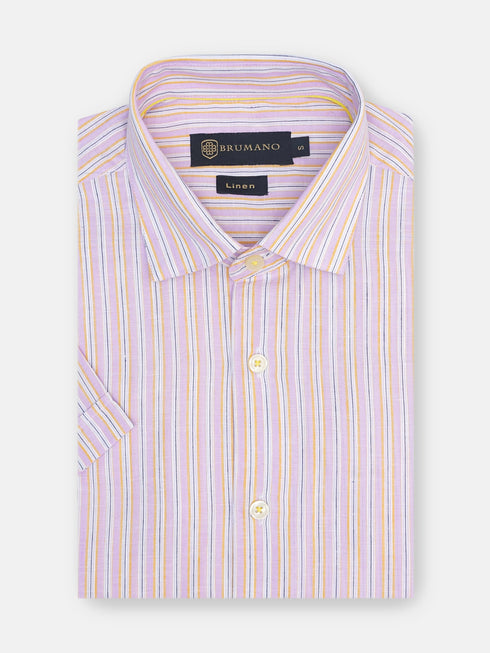 Pink Linen Striped Half Sleeve Shirt