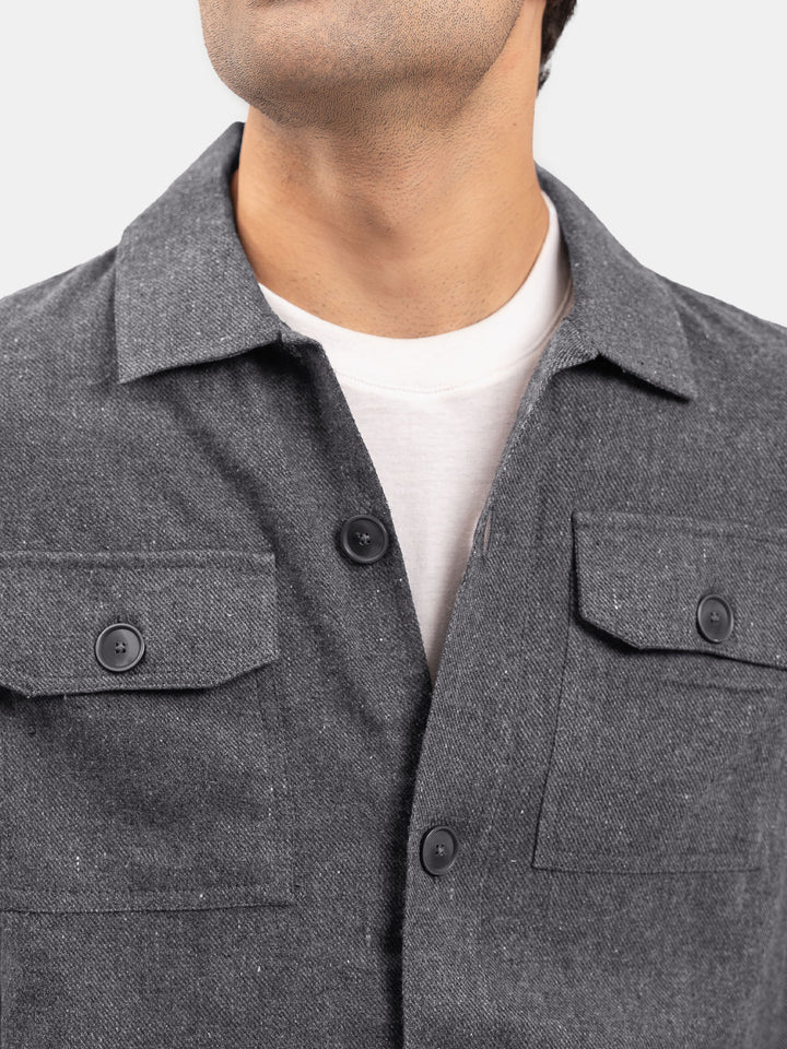 Charcoal Grey Neppy Over Shirt With Front Flat Pockets