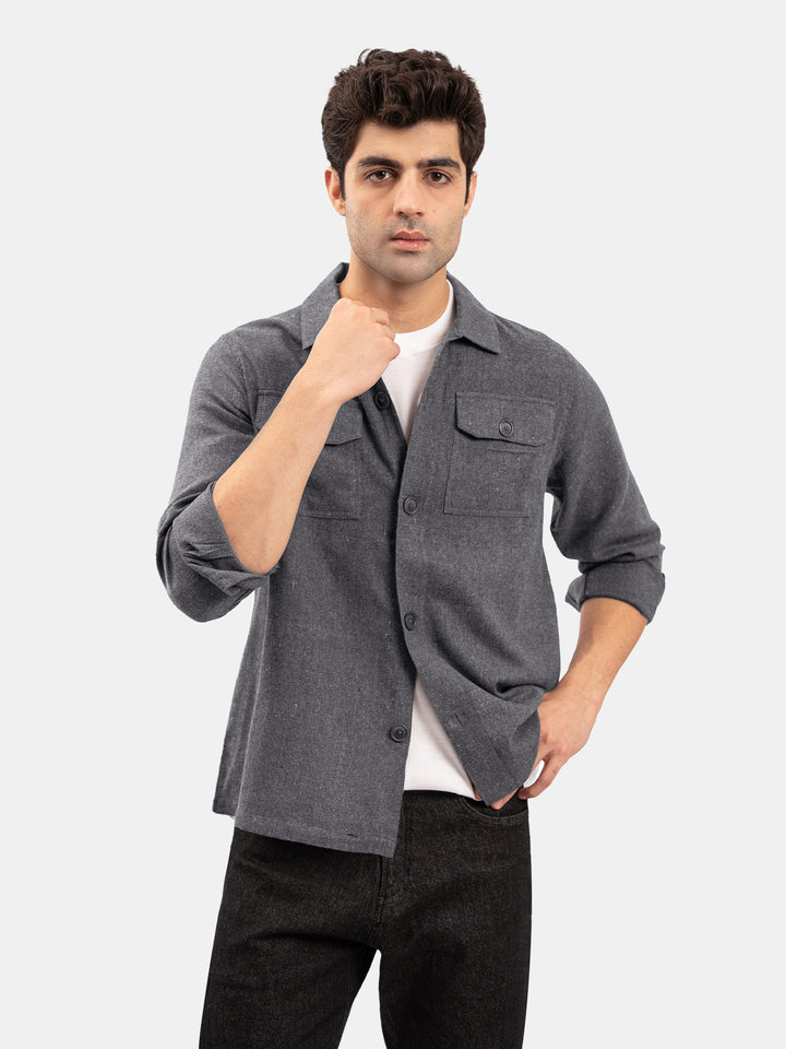 Charcoal Grey Neppy Over Shirt With Front Flat Pockets
