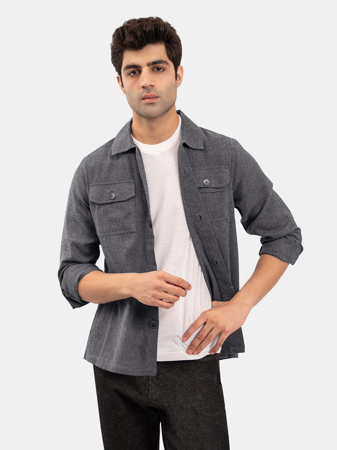 Charcoal Grey Neppy Over Shirt With Front Flat Pockets