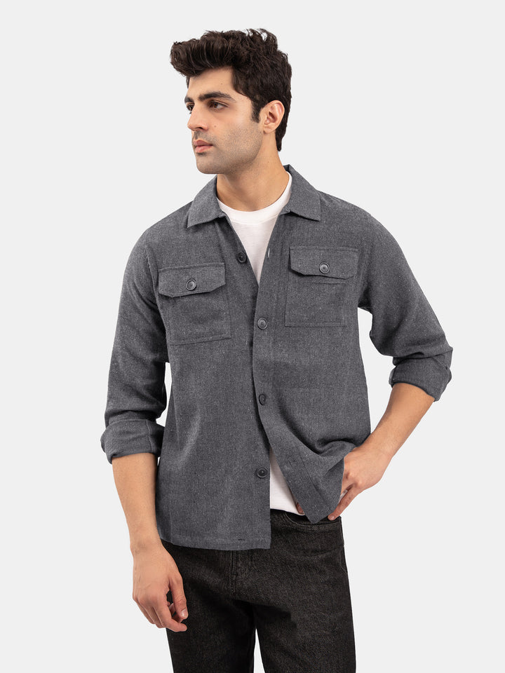 Charcoal Grey Neppy Over Shirt With Front Flat Pockets