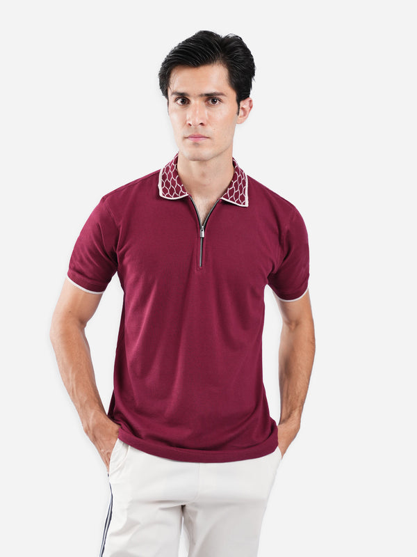 Maroon Zipper Polo With Jacquard Collar