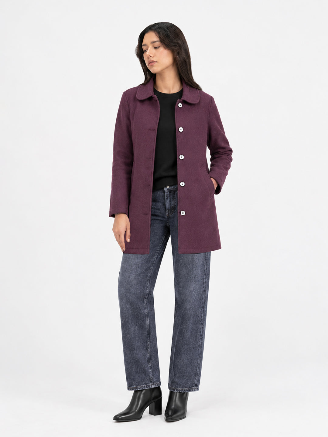 Light Plum Wool Blended Long Coat - Women