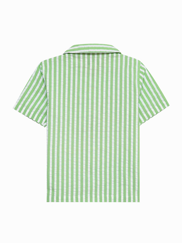 Back view of boys striped Cuban collar shirt