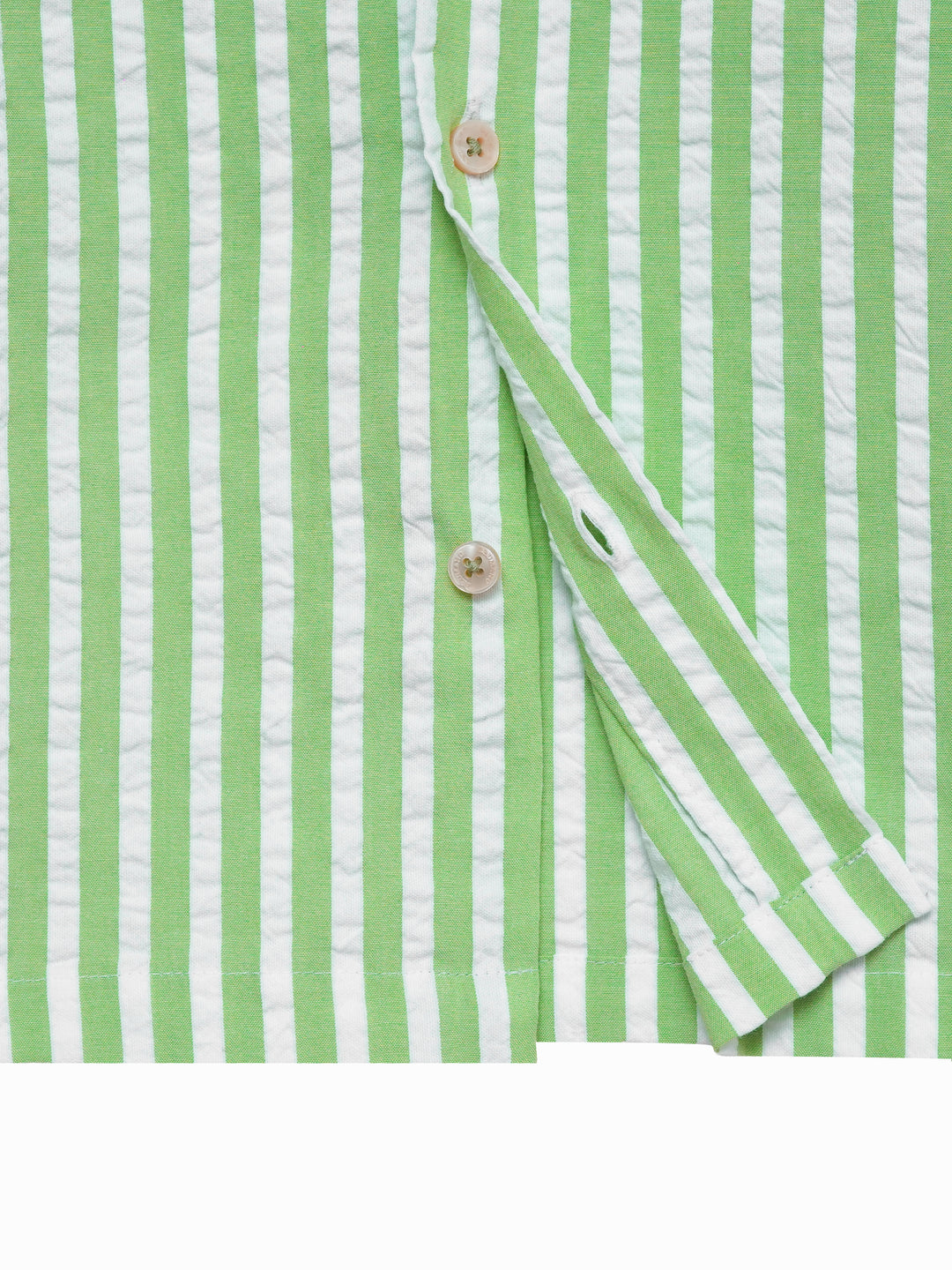 Textured seersucker fabric detail in lime green and white stripes