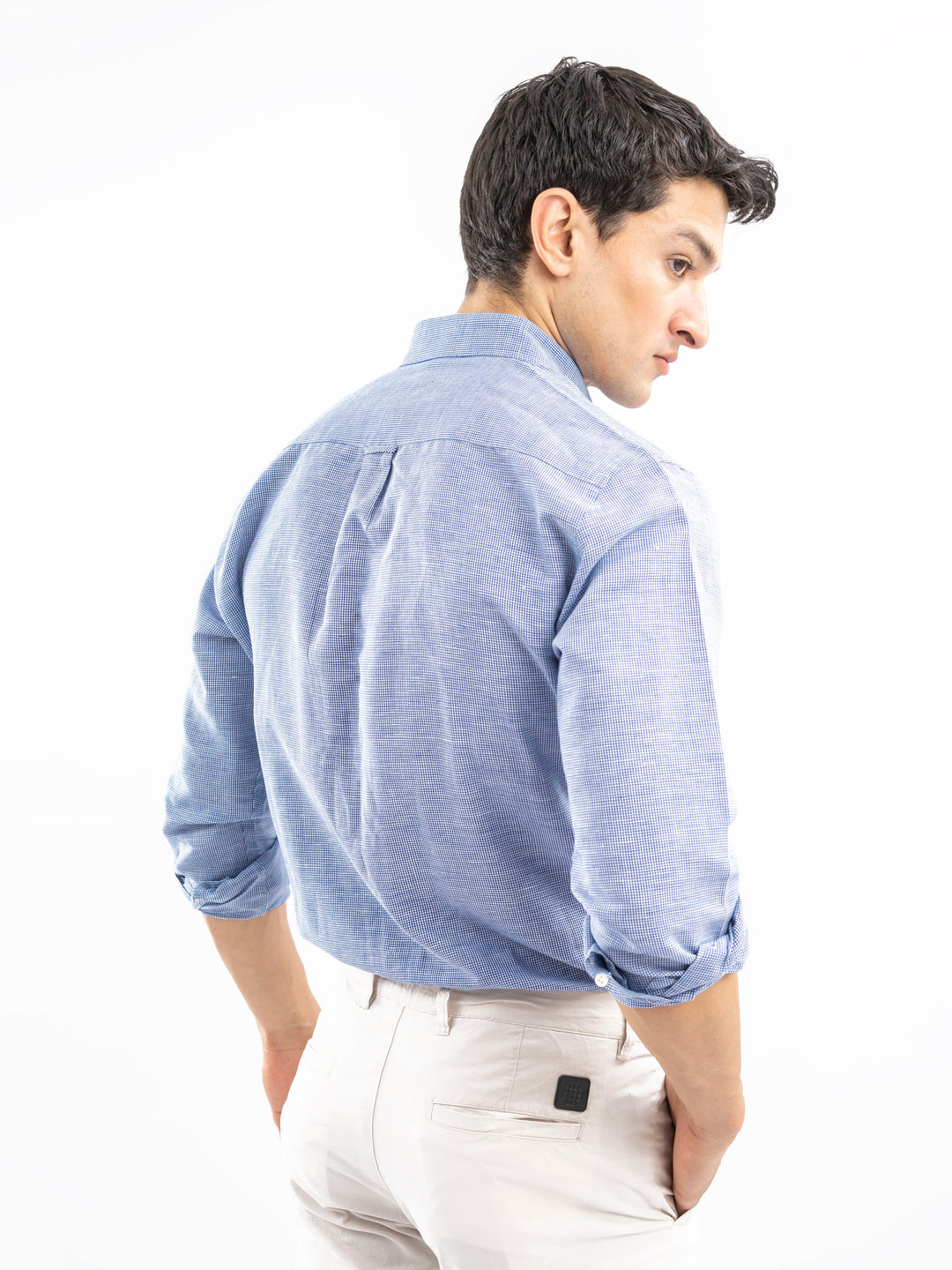 Blue Houndstooth Patterned Linen Shirt