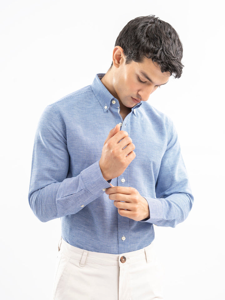 Blue Houndstooth Patterned Linen Shirt