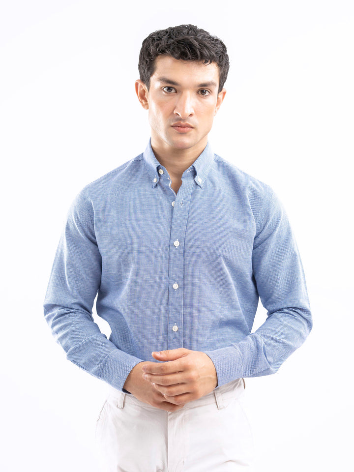 Blue Houndstooth Patterned Linen Shirt