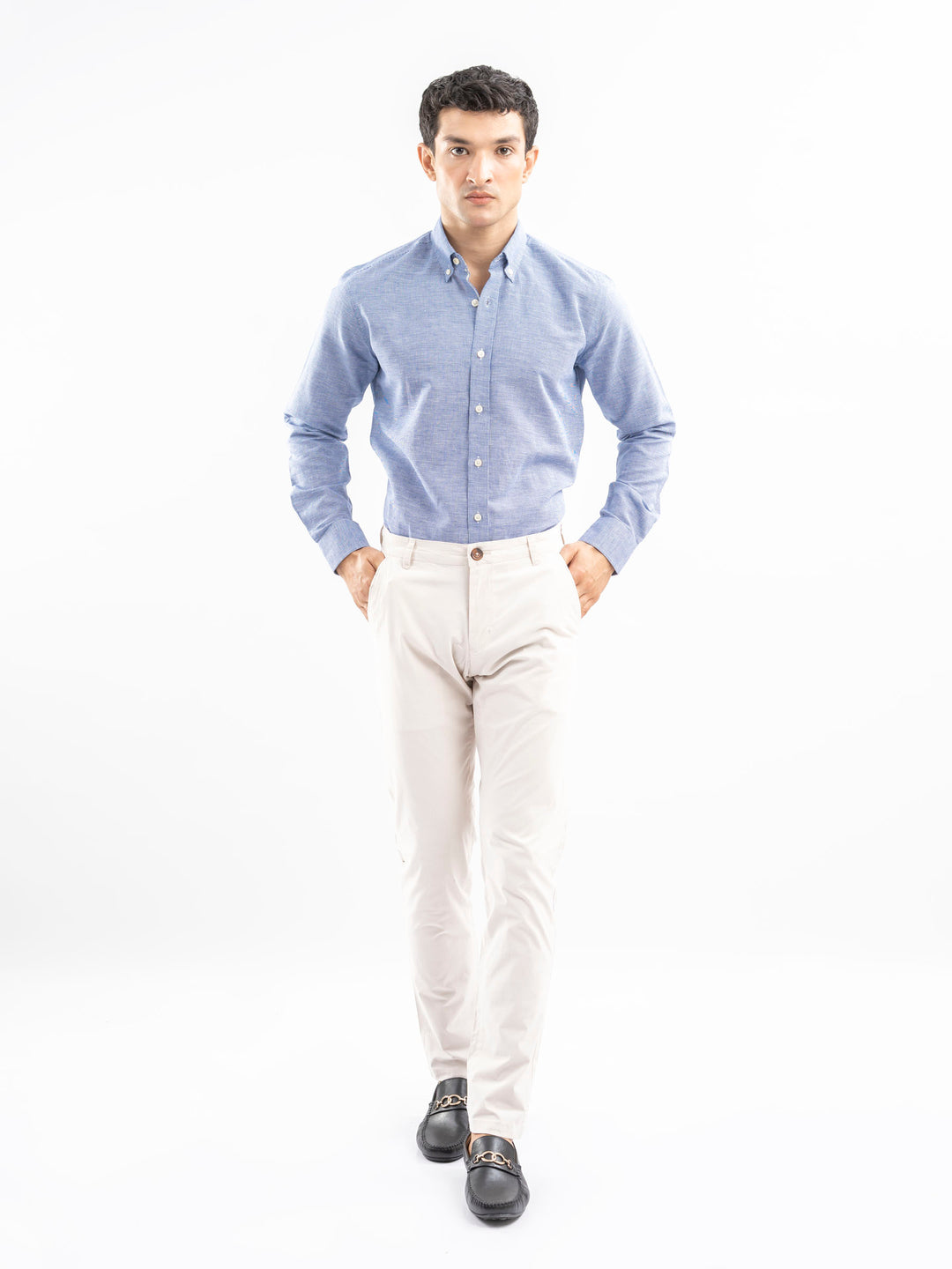 Blue Houndstooth Patterned Linen Shirt