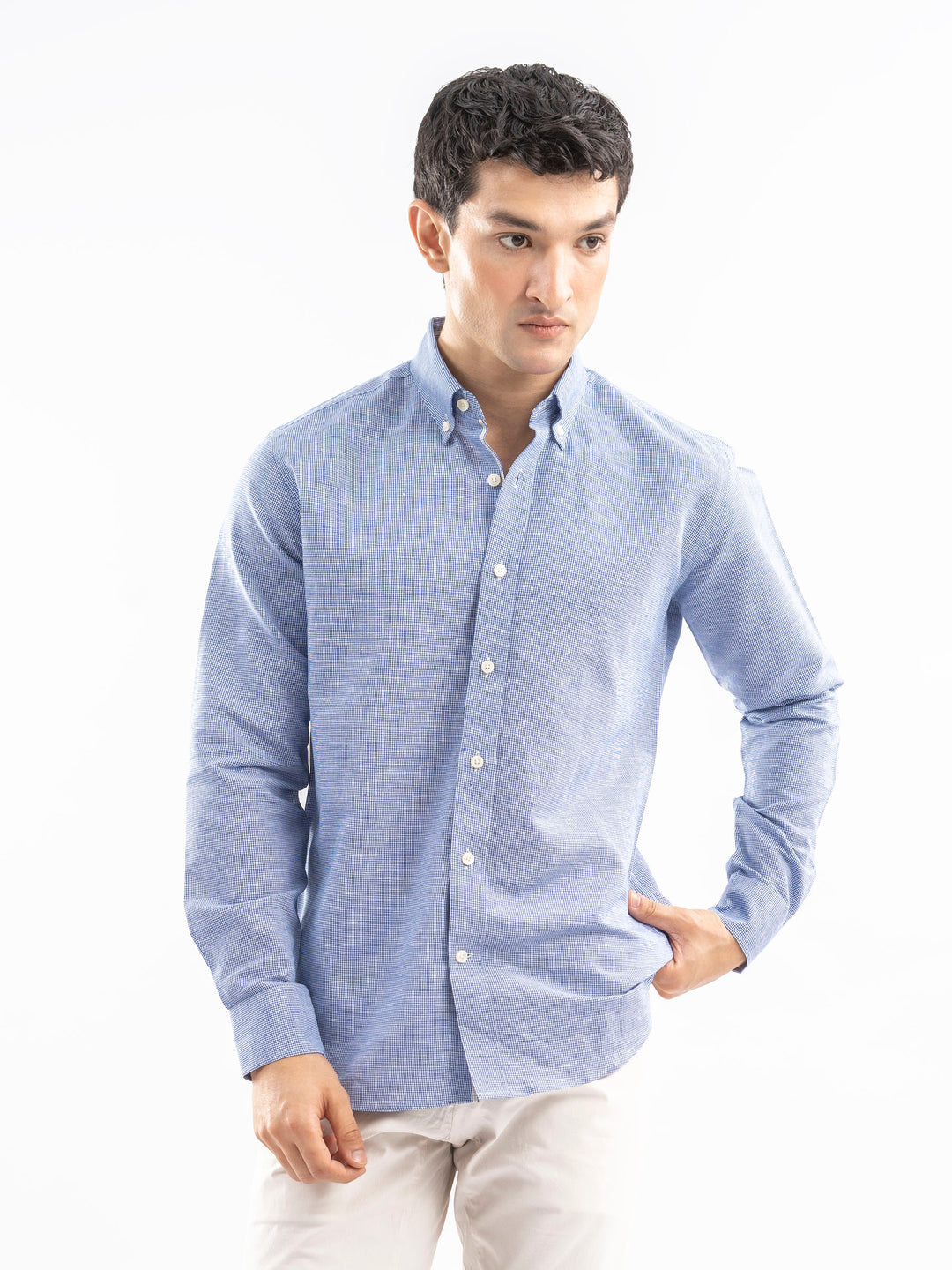 Blue Houndstooth Patterned Linen Shirt