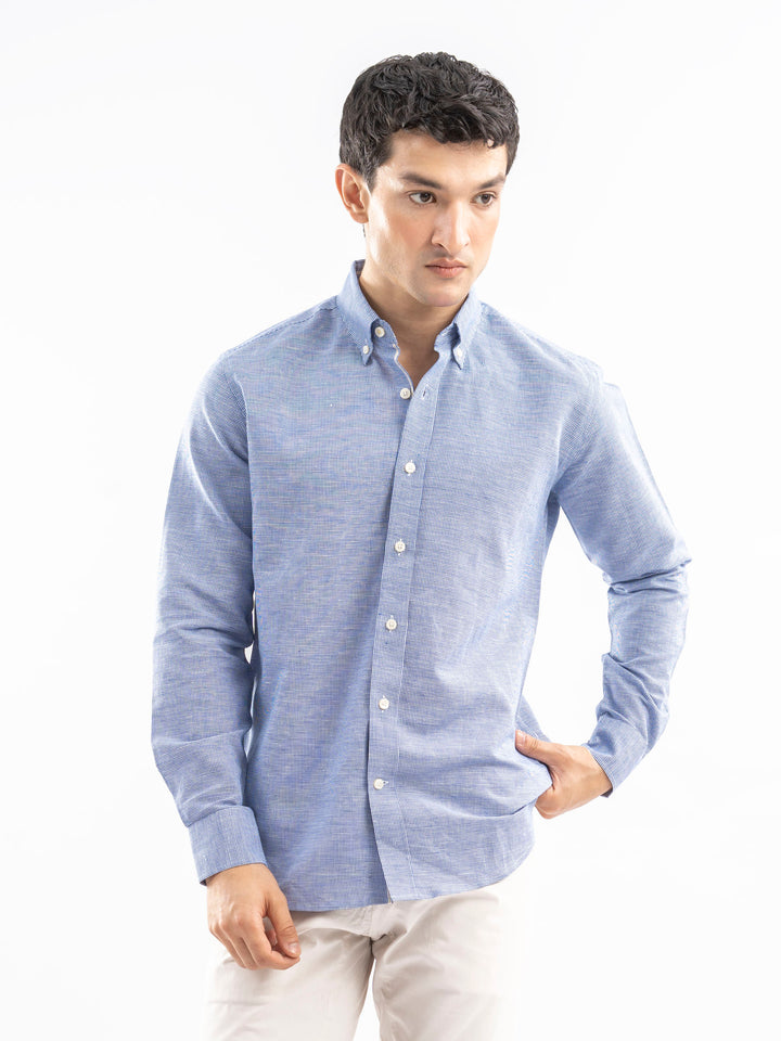 Blue Houndstooth Patterned Linen Shirt