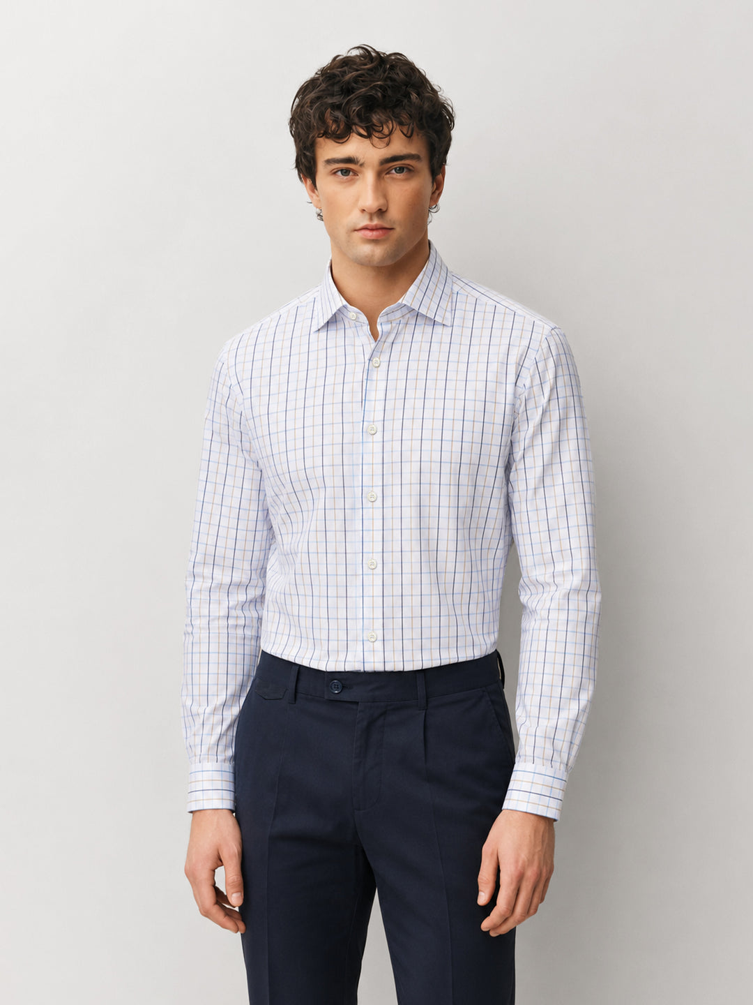 White & Blue Windowpane Checkered Formal Shirt