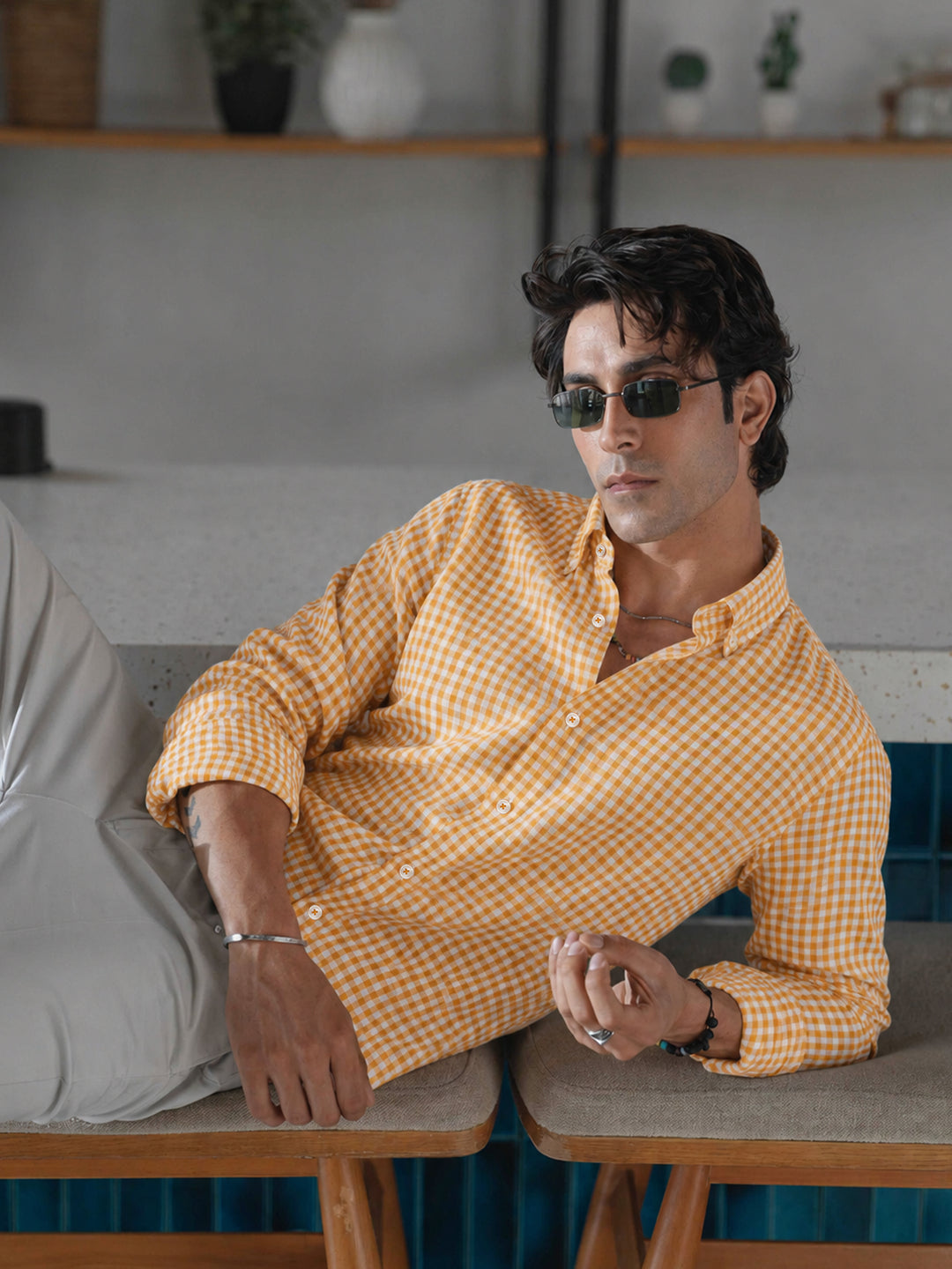 Yellow bold gingham checkered shirt