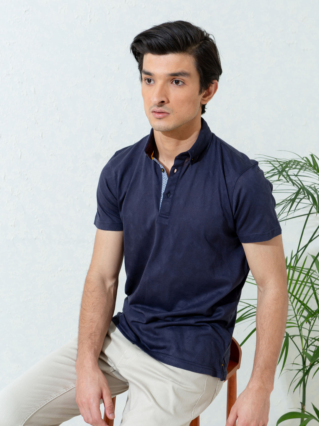 Navy blue jacquard polo shirt with detailing brumano pakistan