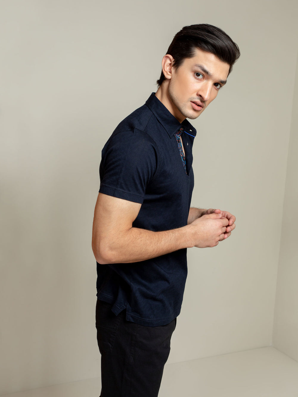 Navy blue jacquard polo shirt with floral detailing brumano pakistan