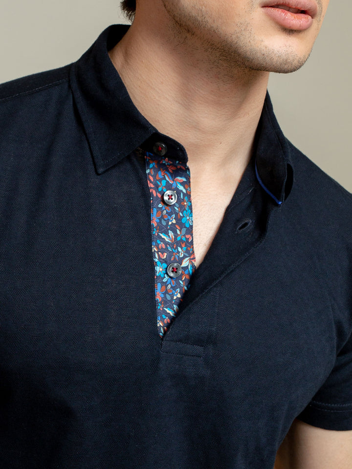 Navy Blue Jacquard Polo Shirt With Floral Detailing Brumano Pakistan