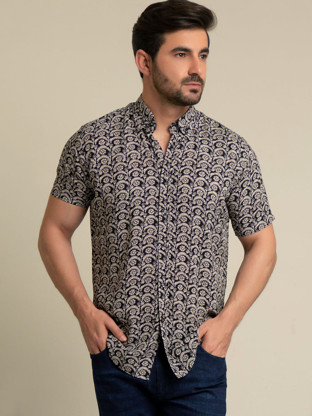 Black & Beige Half Sleeve Floral Printed Shirt Brumano Pakistan