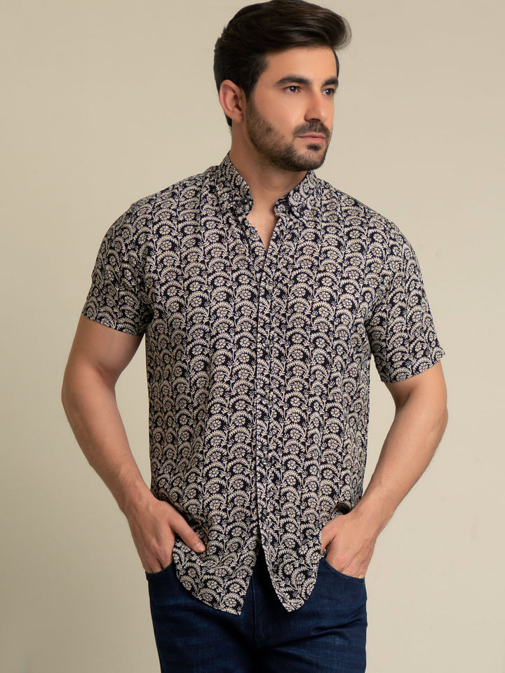 Black & Beige Half Sleeve Floral Printed Shirt Brumano Pakistan