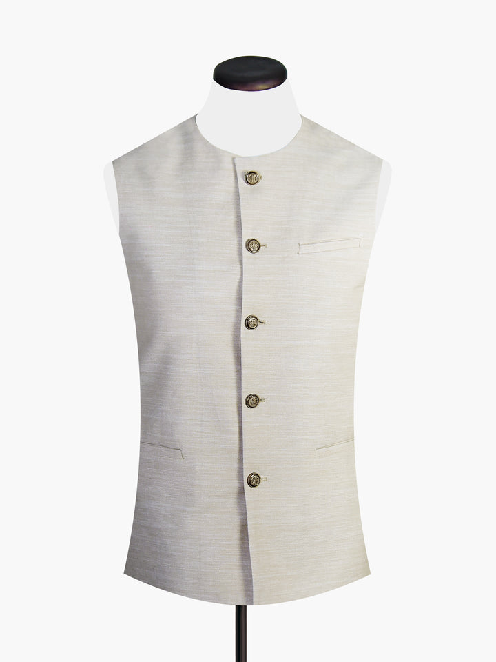 Beige Textured Waistcoat With Round Collar