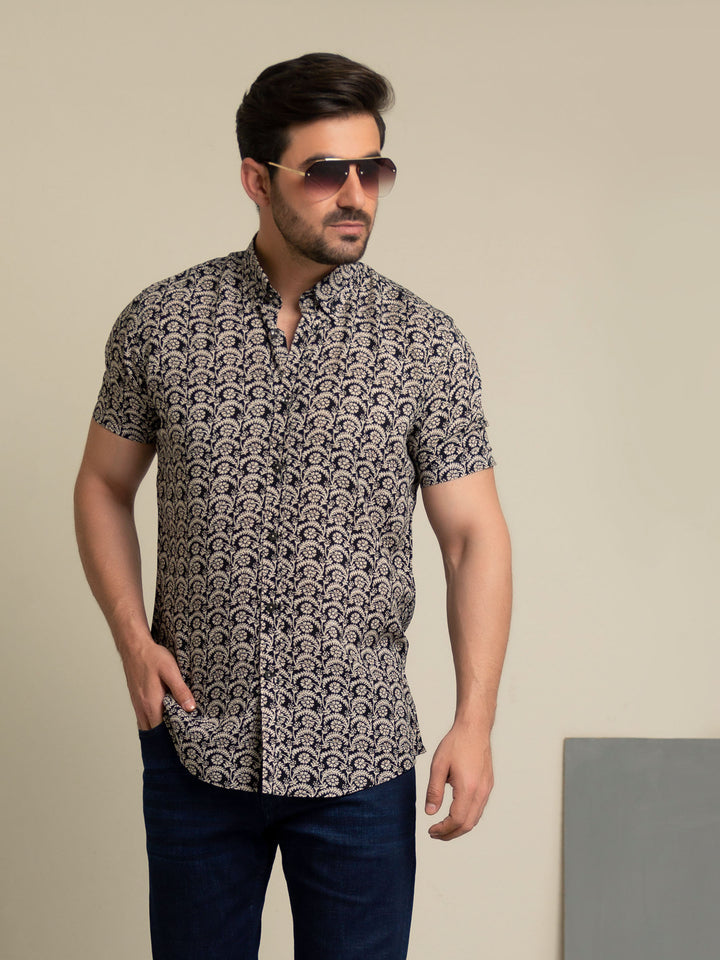 Black & Beige Half Sleeve Floral Printed Shirt Brumano Pakistan