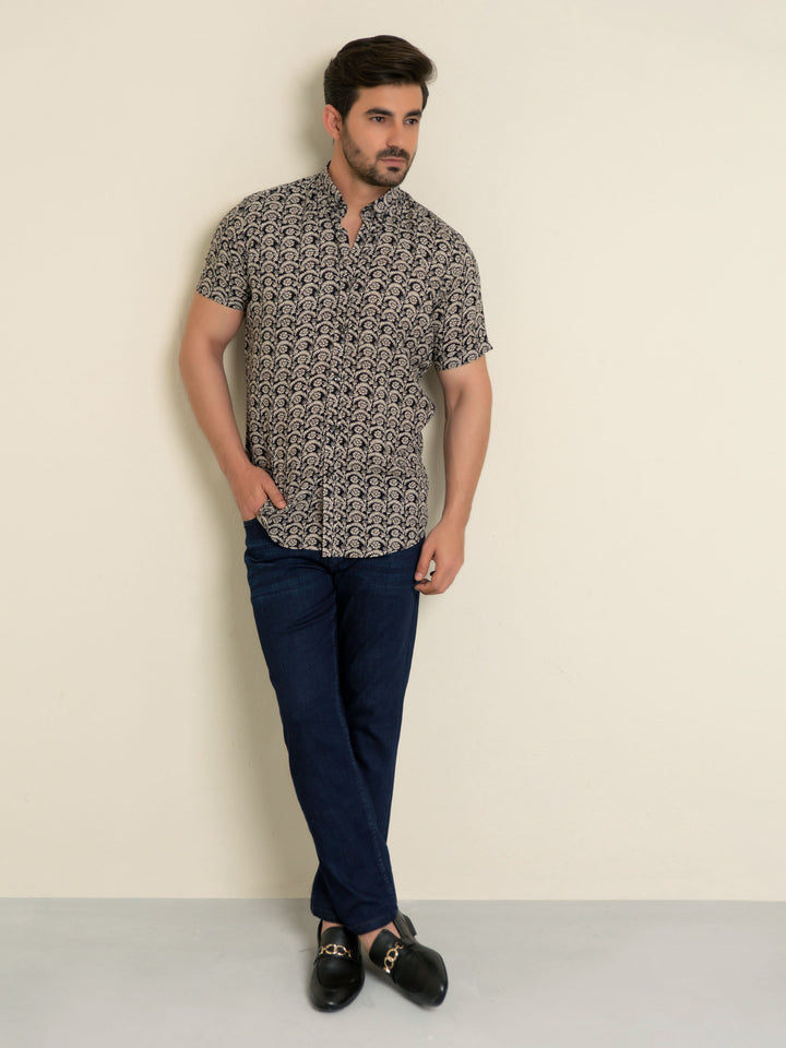 Black & Beige Half Sleeve Floral Printed Shirt Brumano Pakistan