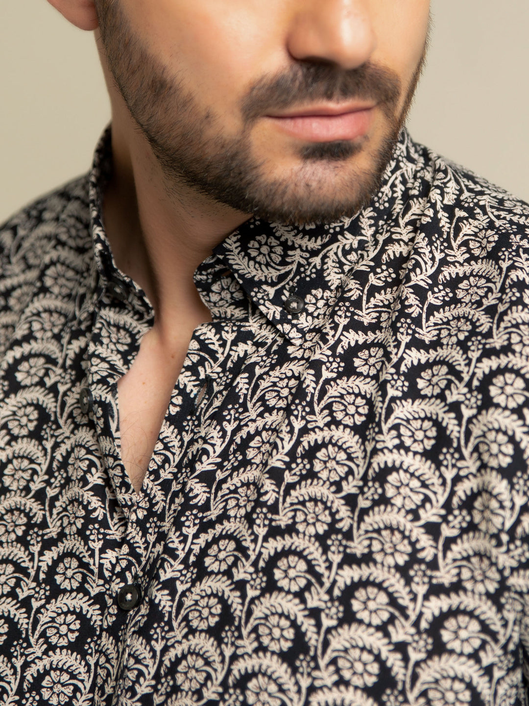 Black & Beige Half Sleeve Floral Printed Shirt Brumano Pakistan